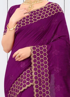 Purple Two Tone Vichitra Silk Embroidered N Stones Saree Party Wear