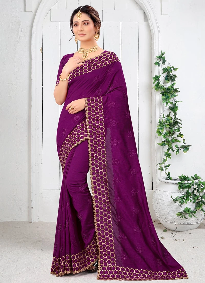 Purple Two Tone Vichitra Silk Embroidered N Stones Saree Party Wear 5 Purple Two Tone Vichitra Silk Embroidered N Stones Saree Party Wear - Image 3