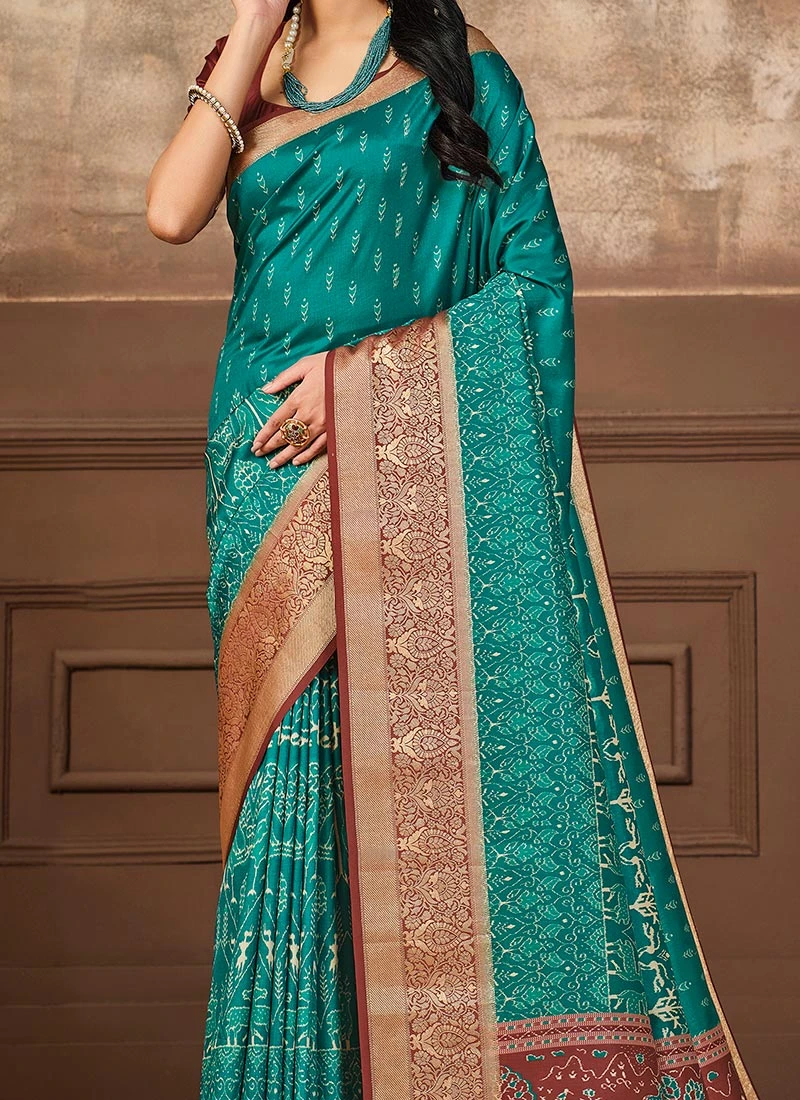Rama Blue Tussar Silk Digital Print Saree Festive Wear 3 Rama Blue Tussar Silk Digital Print Saree Festive Wear
