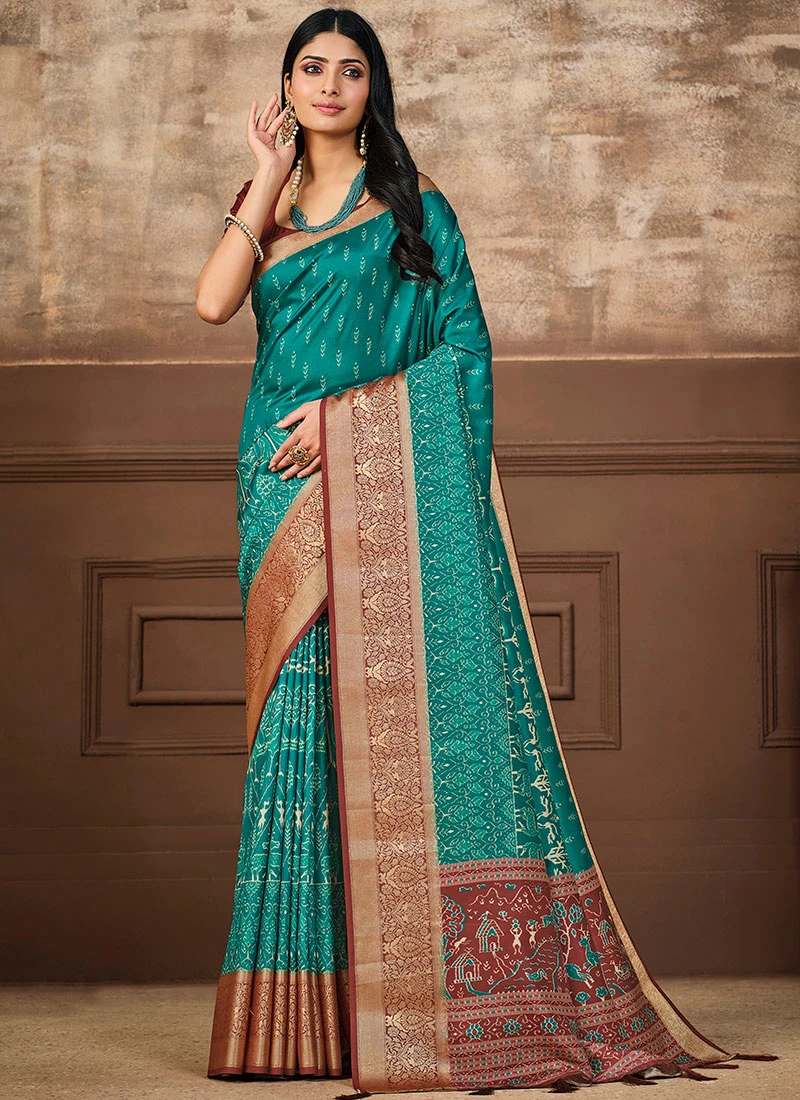 Rama Blue Tussar Silk Digital Print Saree Festive Wear 5 Rama Blue Tussar Silk Digital Print Saree Festive Wear - Image 3
