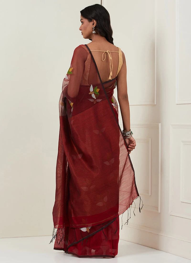 Red Color Handloom And Thread Work Pure Jamdani Silk Saree Festive Wear 6 Red Color Handloom And Thread Work Pure Jamdani Silk Saree Festive Wear - Image 4