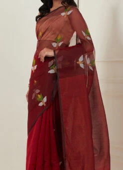 Red Color Handloom And Thread Work Pure Jamdani Silk Saree Festive Wear