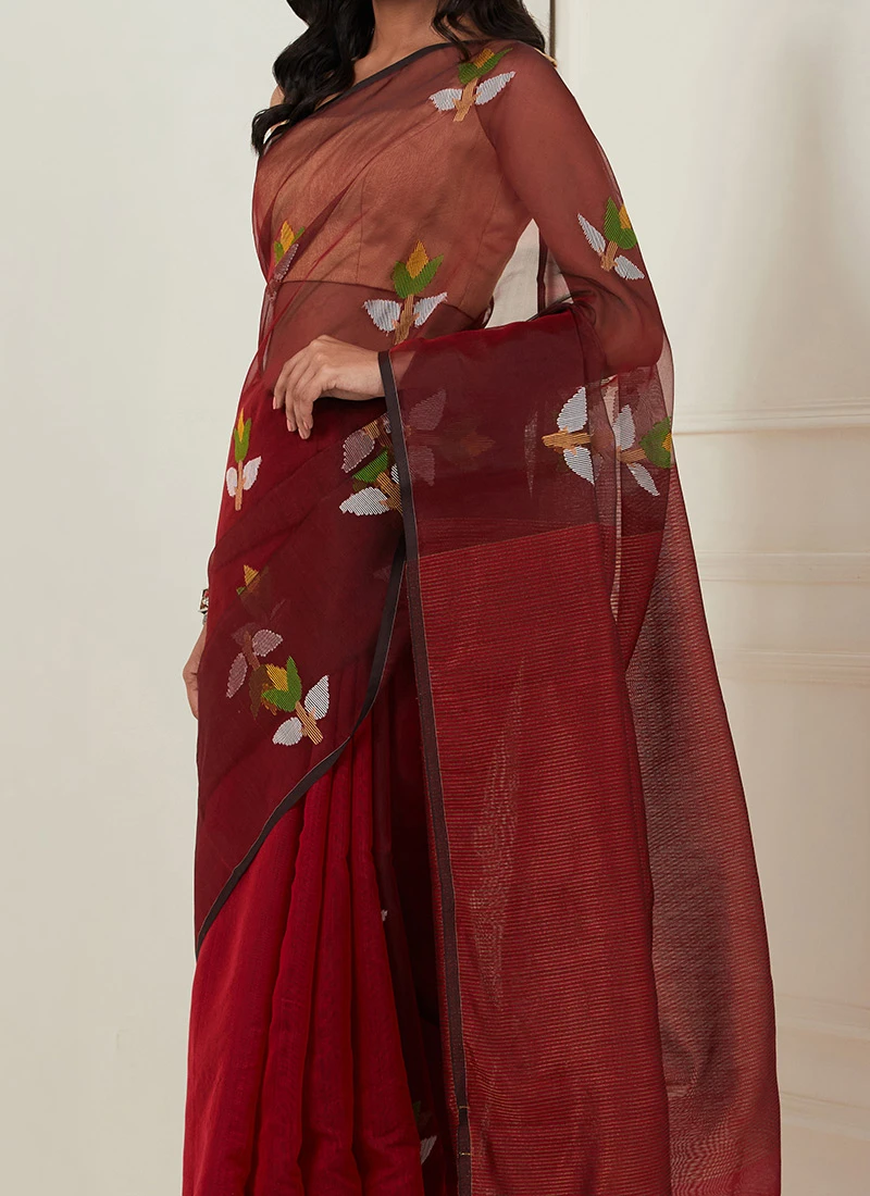 Red Color Handloom And Thread Work Pure Jamdani Silk Saree Festive Wear 3 Red Color Handloom And Thread Work Pure Jamdani Silk Saree Festive Wear