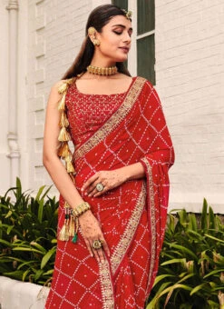 Red Faux Georgette Bandhini Sari After Six Wear -Sari Grace Shop red faux georgette bandhini sari samam2239 b