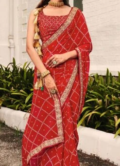 Red Faux Georgette Bandhini Sari After Six Wear