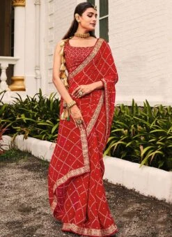 Red Faux Georgette Bandhini Sari After Six Wear -Sari Grace Shop red faux georgette bandhini sari samam2239 u