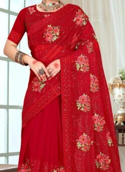 Red Georgette Embroidery N Sequins Saree Party Wear