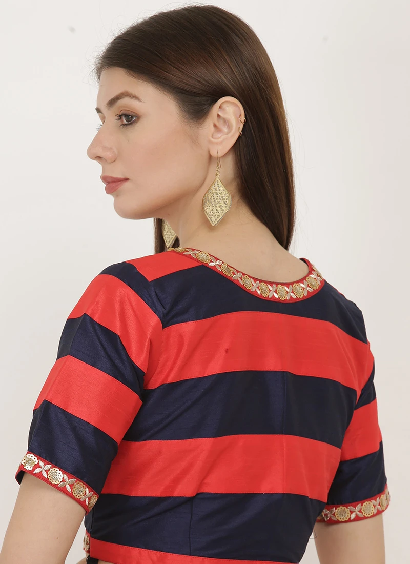 Red N Blue Art Dupion Silk Printed Blouse Festive Wear 6 Red N Blue Art Dupion Silk Printed Blouse Festive Wear - Image 4