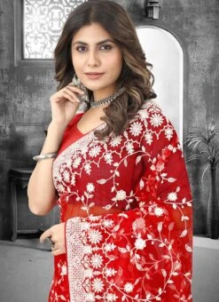 Red Net Embroidered Saree Party Wear -Sari Grace Shop red net embroidered saree sasun1931 b