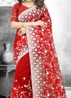 Red Net Embroidered Saree Party Wear