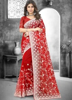 Red Net Embroidered Saree Party Wear -Sari Grace Shop red net embroidered saree sasun1931 u