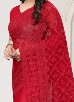 Red Net Embroidered Saree Festive Wear