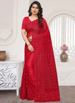 Red Net Embroidered Saree Festive Wear -Sari Grace Shop red net embroidered saree sasun722 u