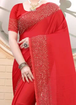 Red Satin Blend Saree Party Wear
