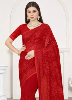 Resham Embroidery With Siroski Work Red Color Georgette Saree Party Wear -Sari Grace Shop resham embroidery with siroski work red color georgette saree sasung1793 b
