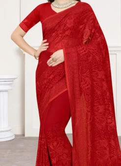 Resham Embroidery With Siroski Work Red Color Georgette Saree Party Wear