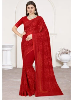 Resham Embroidery With Siroski Work Red Color Georgette Saree Party Wear -Sari Grace Shop resham embroidery with siroski work red color georgette saree sasung1793 u