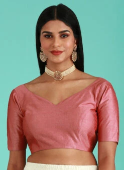 Rose Gold Pink Silk Solid Stitched Readymade Blouse Party Wear -Sari Grace Shop rose gold pink silk solid stitched readymade blouse blspfb227rg u