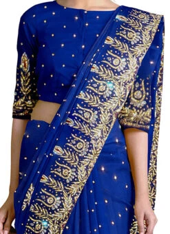 Royal Blue Georgette Hand Work Saree Festive Wear