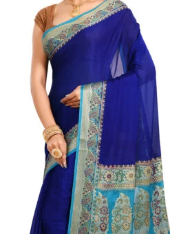 Royal Blue N Sky Blue Pure Chiffon Georgette Silk Saree Festive Wear