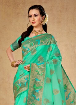 Sea Green Color Zari Weaving Organza Saree Party Wear 9 Sea Green Color Zari Weaving Organza Saree Party Wear -Sari Grace Shop sea green color zari weaving organza saree samt002d b