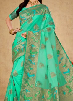 Sea Green Color Zari Weaving Organza Saree Party Wear