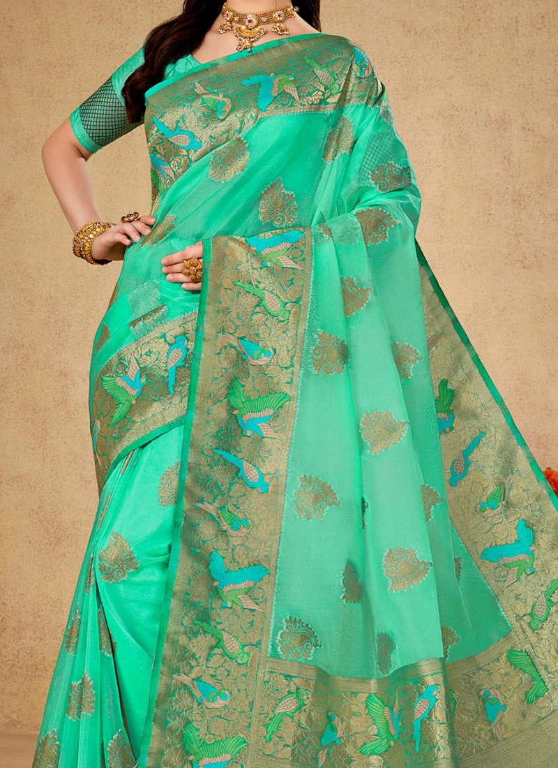 Sea Green Color Zari Weaving Organza Saree Party Wear 3 Sea Green Color Zari Weaving Organza Saree Party Wear