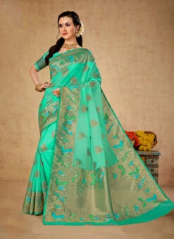 Sea Green Color Zari Weaving Organza Saree Party Wear 8 Sea Green Color Zari Weaving Organza Saree Party Wear -Sari Grace Shop sea green color zari weaving organza saree samt002d u