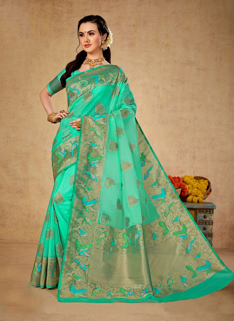 Sea Green Color Zari Weaving Organza Saree Party Wear 5 Sea Green Color Zari Weaving Organza Saree Party Wear - Image 3