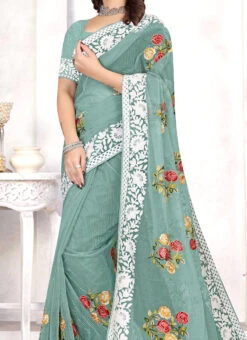 Sea Green Organza Embroidered Saree Festive Wear