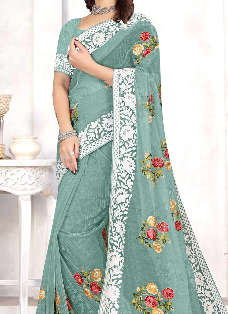 Sea Green Organza Embroidered Saree Festive Wear 3 Sea Green Organza Embroidered Saree Festive Wear