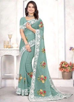 Sea Green Organza Embroidered Saree Festive Wear 8 Sea Green Organza Embroidered Saree Festive Wear -Sari Grace Shop sea green organza embroidered saree sasnf7316 u