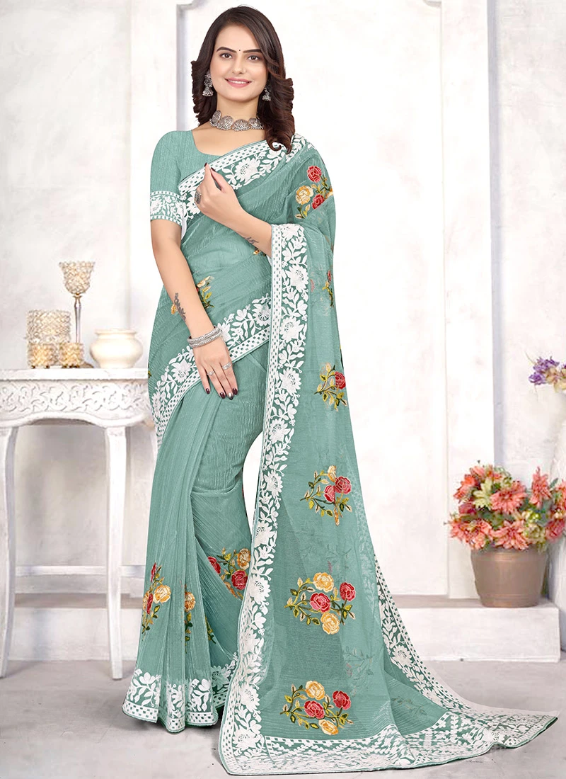 Sea Green Organza Embroidered Saree Festive Wear 5 Sea Green Organza Embroidered Saree Festive Wear - Image 3