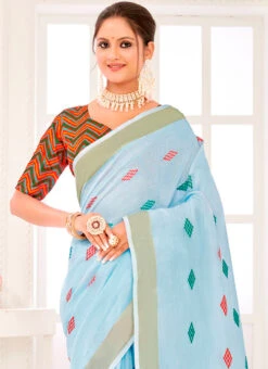 Sky Blue Linen Thread Embroidered Saree Festive Wear -Sari Grace Shop sky blue linen thread embroidered saree sasacw9608 b