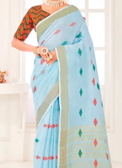 Sky Blue Linen Thread Embroidered Saree Festive Wear