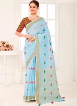 Sky Blue Linen Thread Embroidered Saree Festive Wear -Sari Grace Shop sky blue linen thread embroidered saree sasacw9608 u