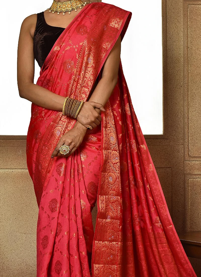 Strawberry Red Color Zari Work Pure Silk Saree Festive Wear 3 Strawberry Red Color Zari Work Pure Silk Saree Festive Wear