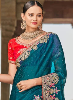 Teal Art Silk Embroidered Saree Party Wear 9 Teal Art Silk Embroidered Saree Party Wear -Sari Grace Shop teal art silk embroidered saree sasacy1373 b