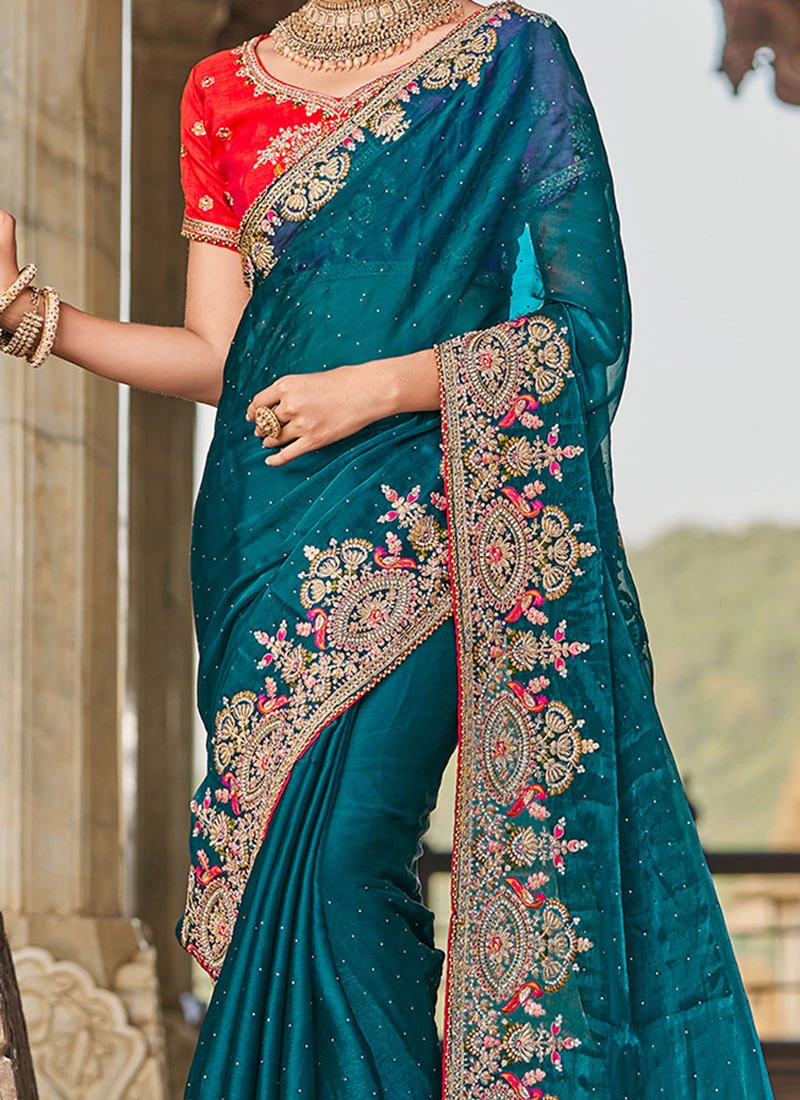 Teal Art Silk Embroidered Saree Party Wear 3 Teal Art Silk Embroidered Saree Party Wear