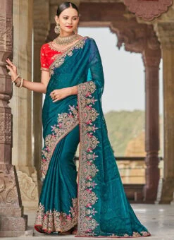 Teal Art Silk Embroidered Saree Party Wear 8 Teal Art Silk Embroidered Saree Party Wear -Sari Grace Shop teal art silk embroidered saree sasacy1373 u