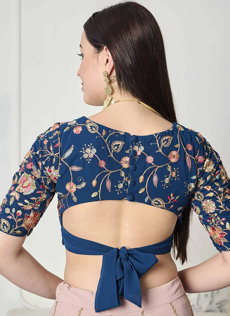 Teal Blue Gerogette Embroidered Blouse Festive Wear 6 Teal Blue Gerogette Embroidered Blouse Festive Wear - Image 4