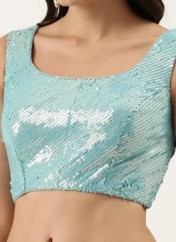 Turquoise Blue Raw Silk Sequins Work Blouse Party Wear