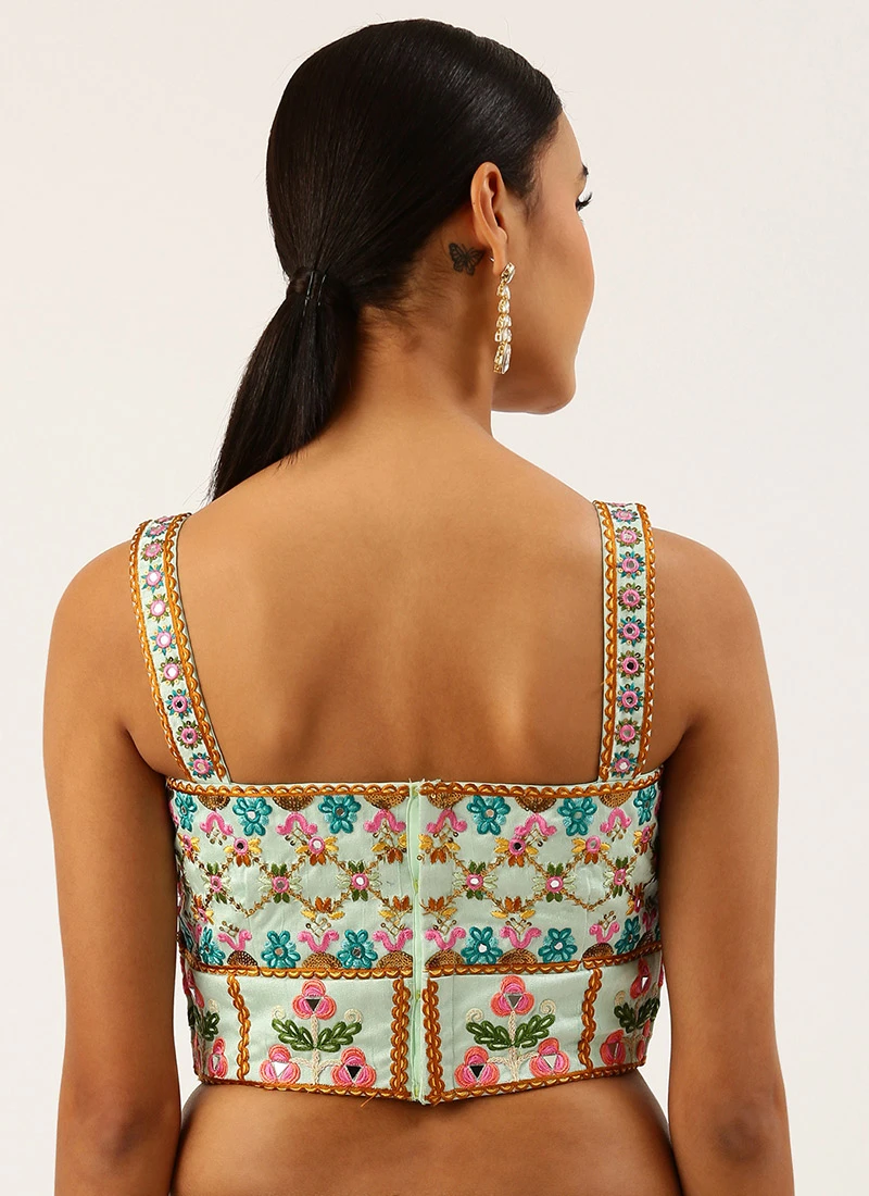 Turquoise Blue Silk Embroidered Work Blouse Party Wear 6 Turquoise Blue Silk Embroidered Work Blouse Party Wear - Image 4