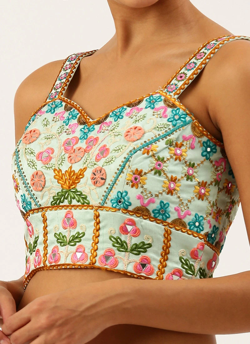 Turquoise Blue Silk Embroidered Work Blouse Party Wear 3 Turquoise Blue Silk Embroidered Work Blouse Party Wear