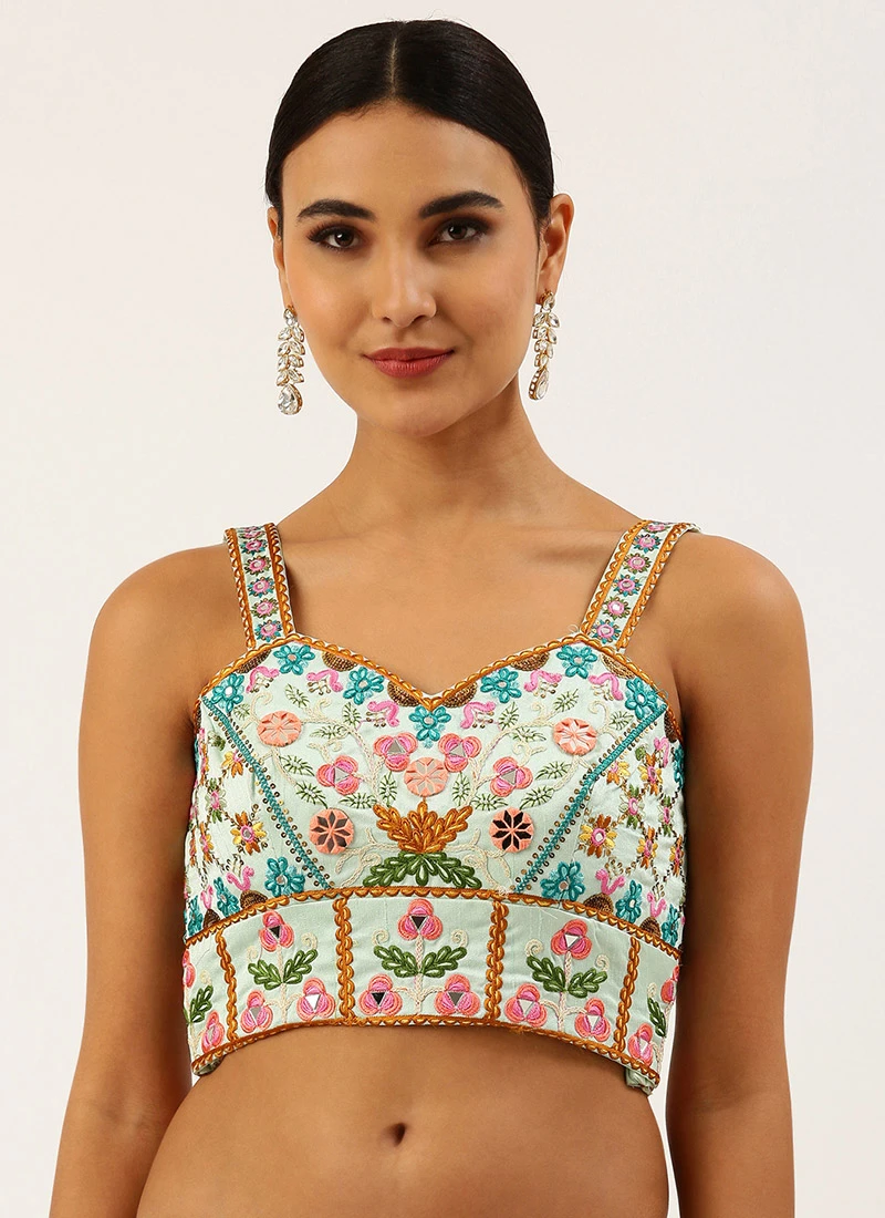 Turquoise Blue Silk Embroidered Work Blouse Party Wear 5 Turquoise Blue Silk Embroidered Work Blouse Party Wear - Image 3