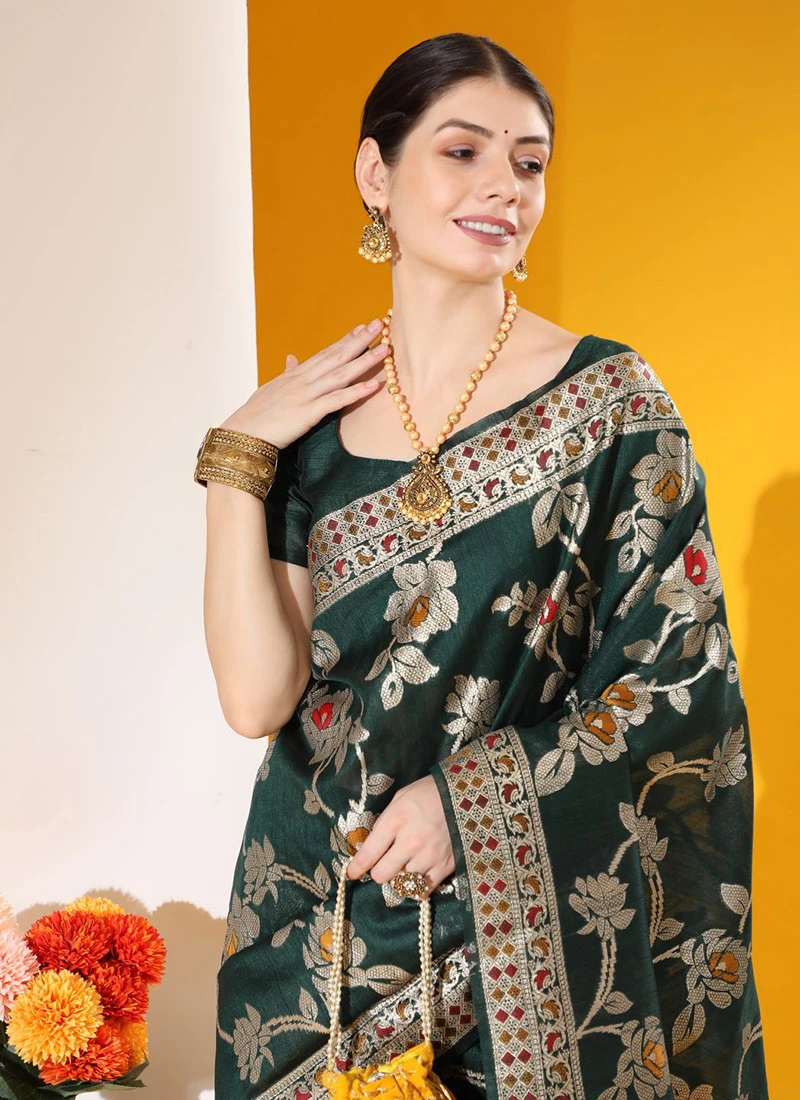 Tussar Silk Green Color Jamdani Woven Work Saree Festive Wear 6 Tussar Silk Green Color Jamdani Woven Work Saree Festive Wear - Image 4