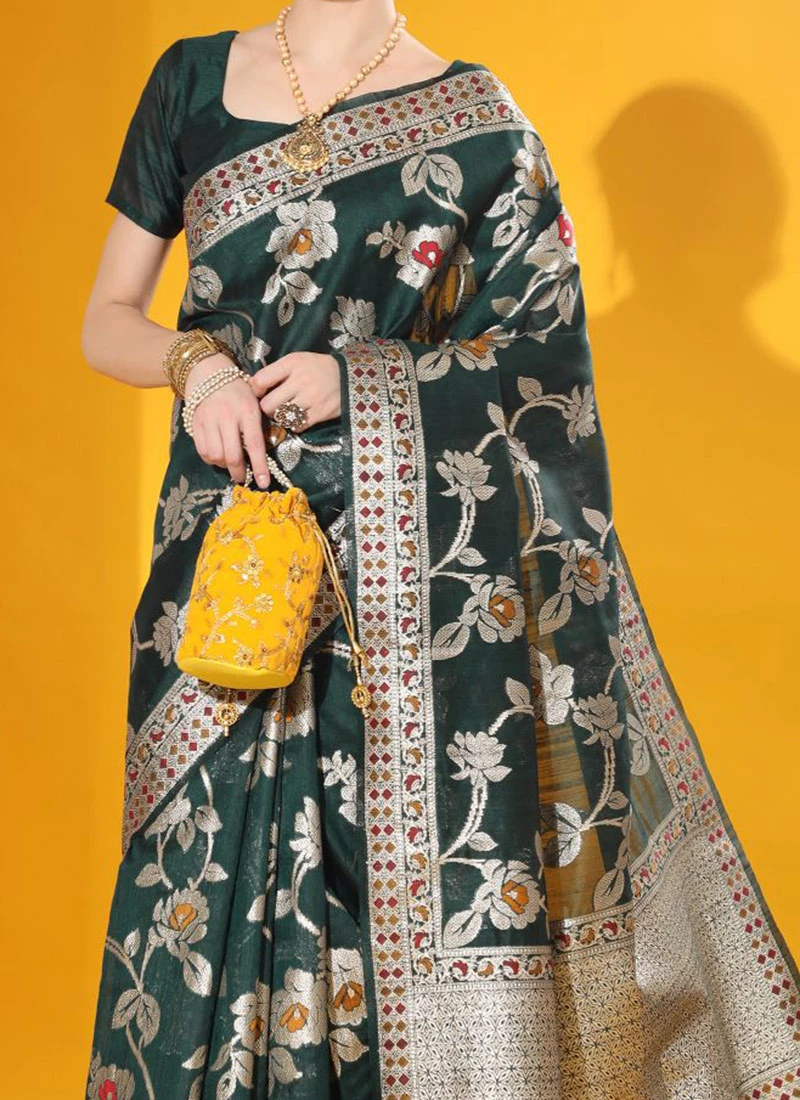 Tussar Silk Green Color Jamdani Woven Work Saree Festive Wear 3 Tussar Silk Green Color Jamdani Woven Work Saree Festive Wear