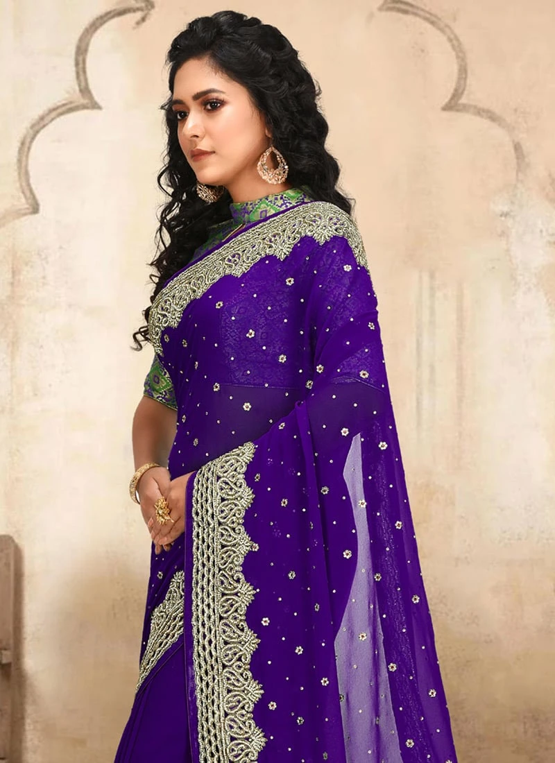Violet Color Georgette Hand Embroidered Stone Work Saree Party Wear 6 Violet Color Georgette Hand Embroidered Stone Work Saree Party Wear - Image 4