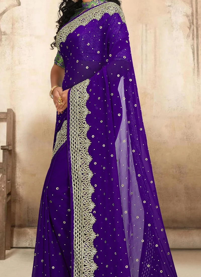 Violet Color Georgette Hand Embroidered Stone Work Saree Party Wear 3 Violet Color Georgette Hand Embroidered Stone Work Saree Party Wear