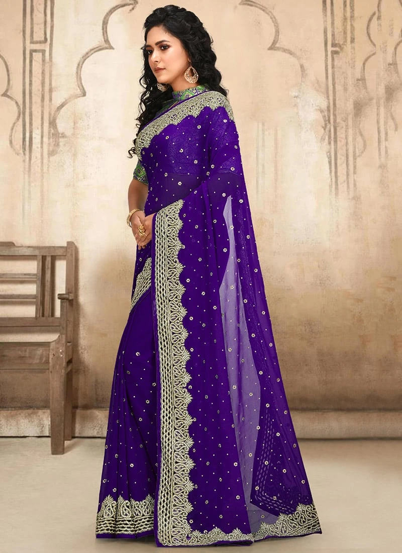 Violet Color Georgette Hand Embroidered Stone Work Saree Party Wear 5 Violet Color Georgette Hand Embroidered Stone Work Saree Party Wear - Image 3